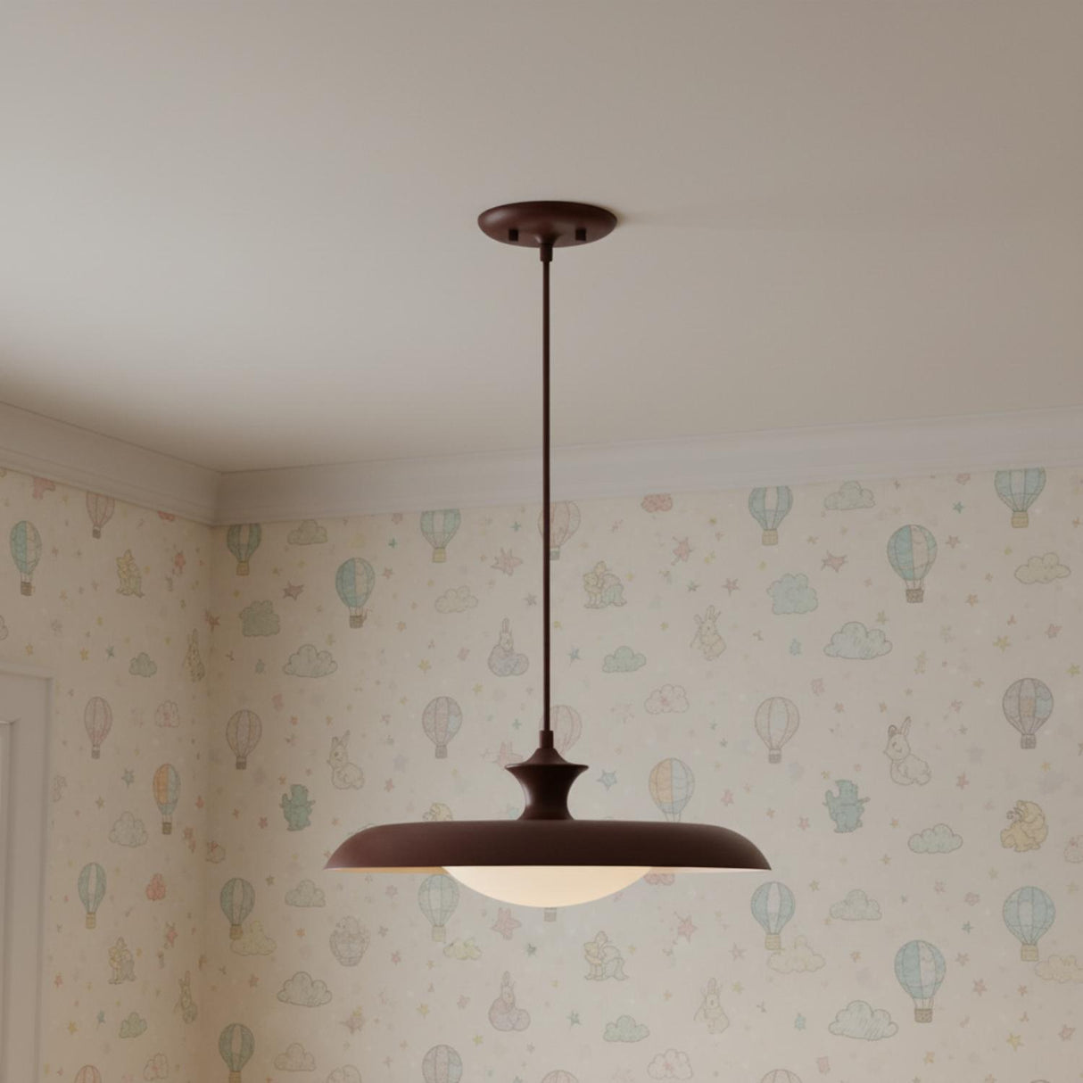 Mabel Metal Pendant 15, Maroon with Opal Glass for Cottage home with Cream Wallpaper