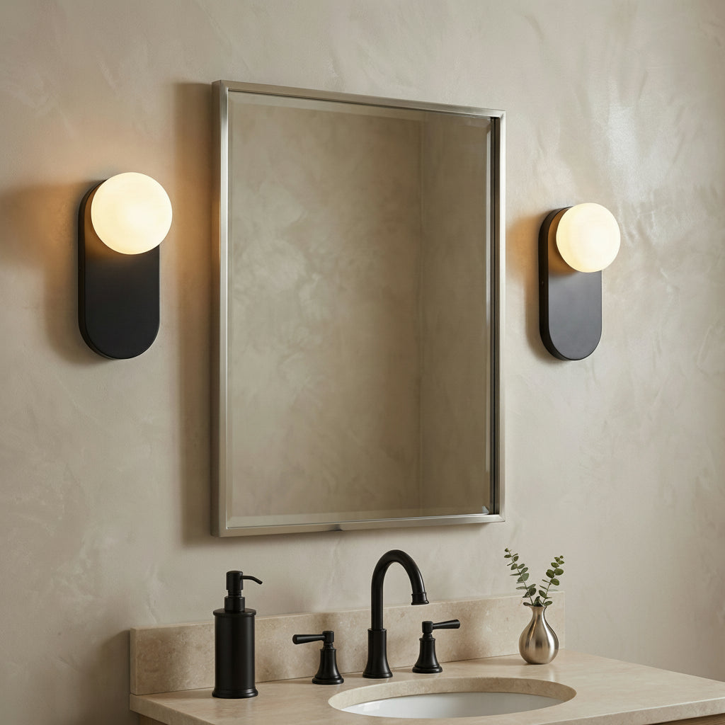 Enzo Wall Sconce 13, Matte Black and Opal Glass for Modern home with Warm Beige Stucco
