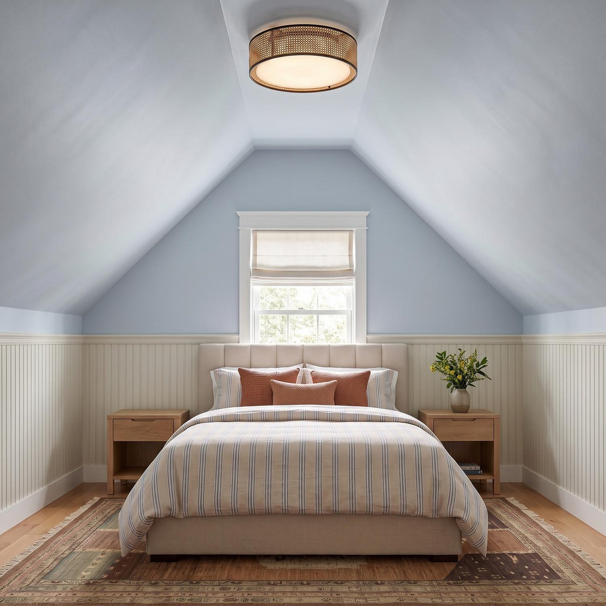 A coastal bedroom with the Amaris LED Flush Mount in cane and matte black on a sloped blue ceiling above a striped bed and white wainscoting.