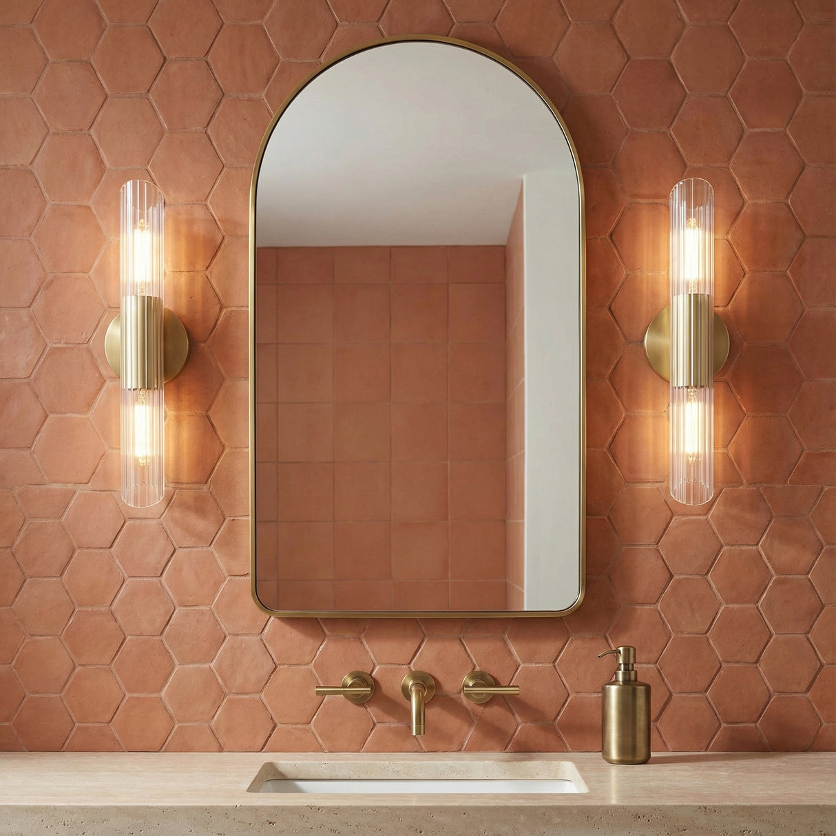 Orion 2 Light Wall Sconce 17", Aged Brass for Modern home with Brown Hexagonal Tile