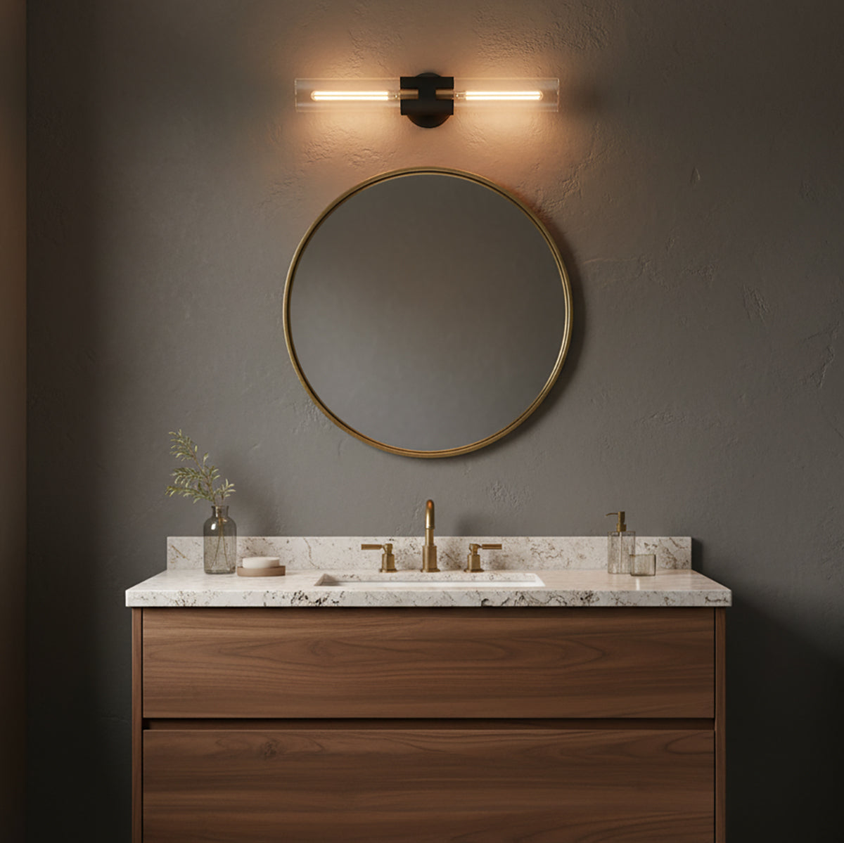 James 2 Light Wall Sconce 26, Black and Patina Brass - Dark grey walls in a bathroom with a round mirror, walnut vanity, and modern wall light above.