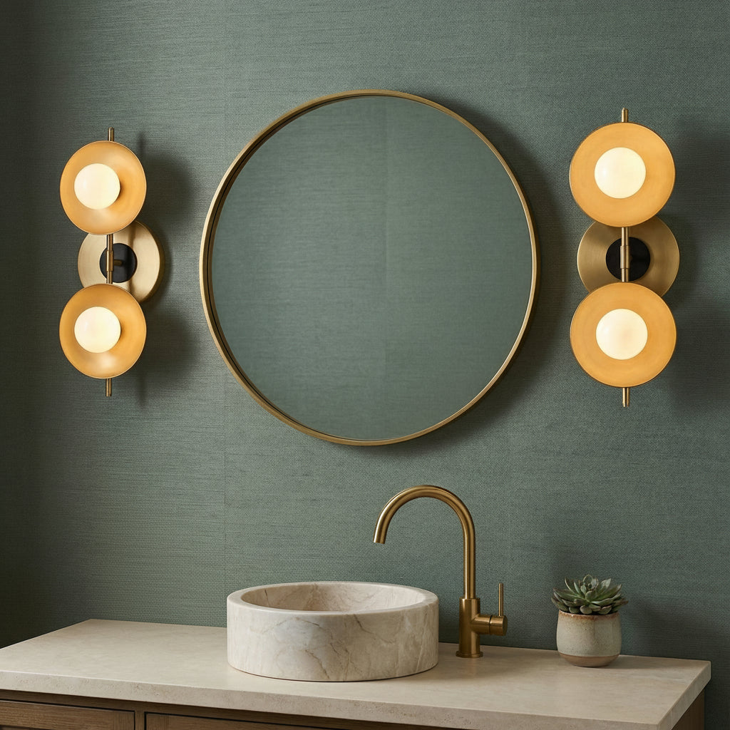 Liam 2 Light 13" tall Wall Sconce for Modern home with Textured Green Wallpaper can be mounted in any direction
