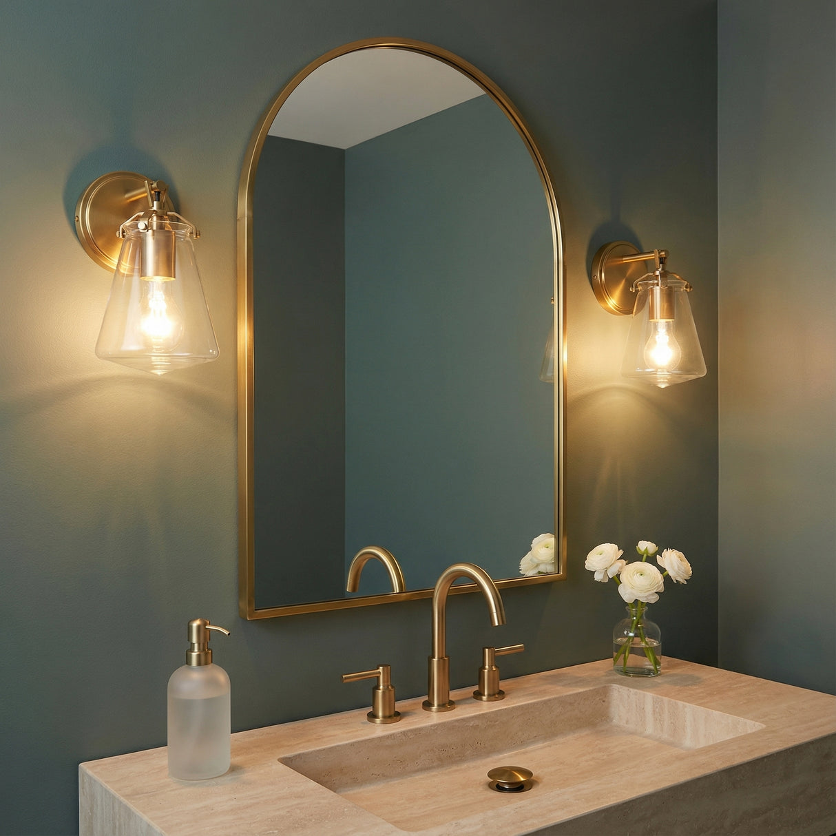 Addison 10" tall Wall Sconce, Brass finish with clear glass for Transitional bathroom with Teal Walls