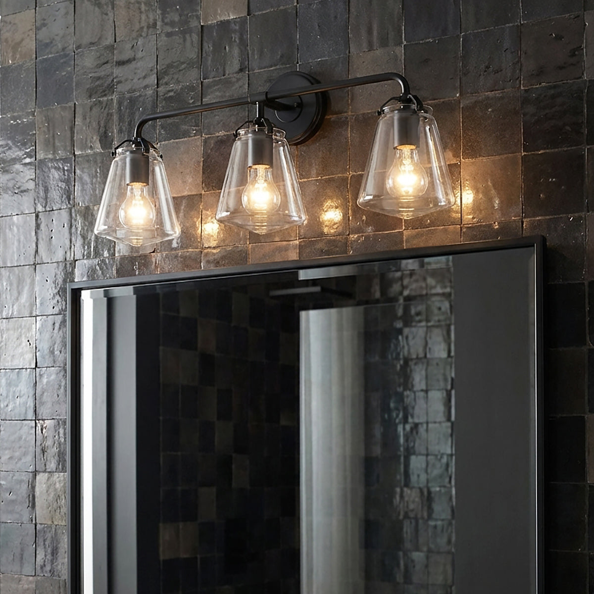 Addison 3 Light Vanity Light, Matte Black for Transitional home with Dark Gray Tile