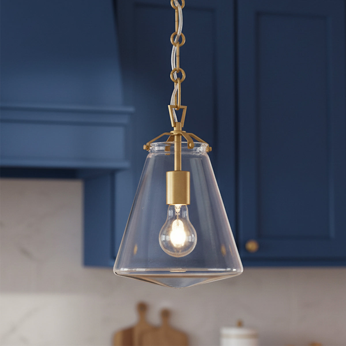Addison Small Pendant 8", Brass for Modern Farmhouse home with Blue Shiplap