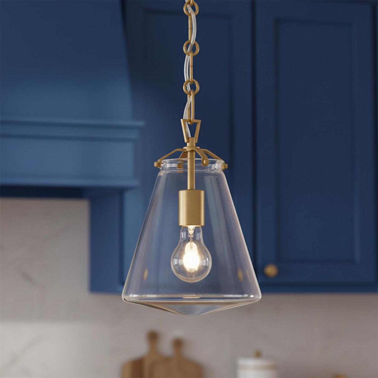 Addison Small Pendant 8", Brass for Modern Farmhouse home with Blue Shiplap