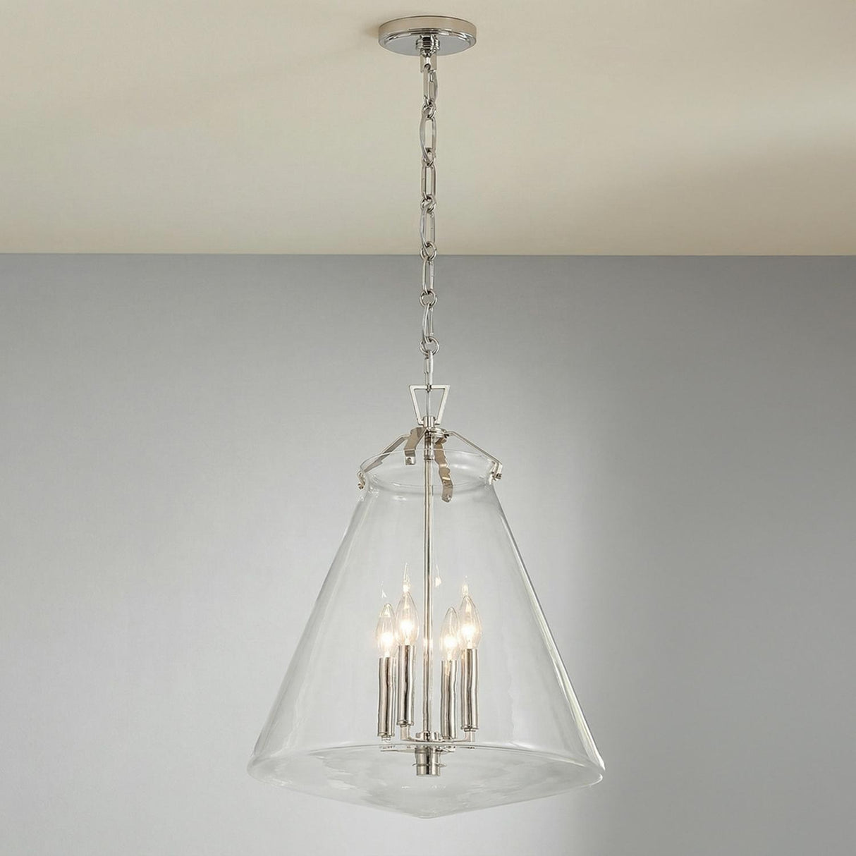 Addison Extra Large Pendant 18", Polished Nickel geometric pendant in a Transitional Dining Room with a rustic oak table.