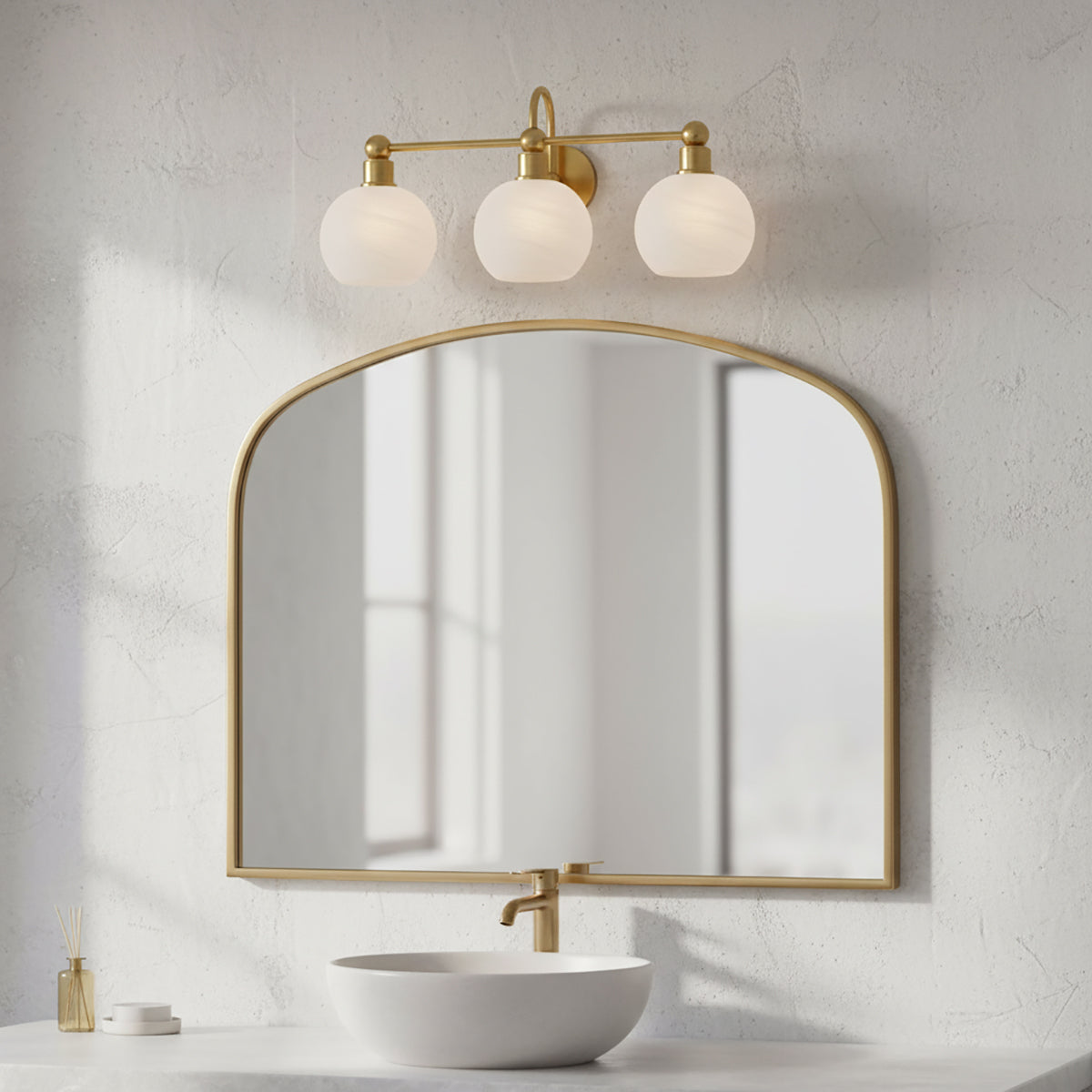 Maya 3 Light Vanity, Aged Brass for Modern home with White Textured Wall