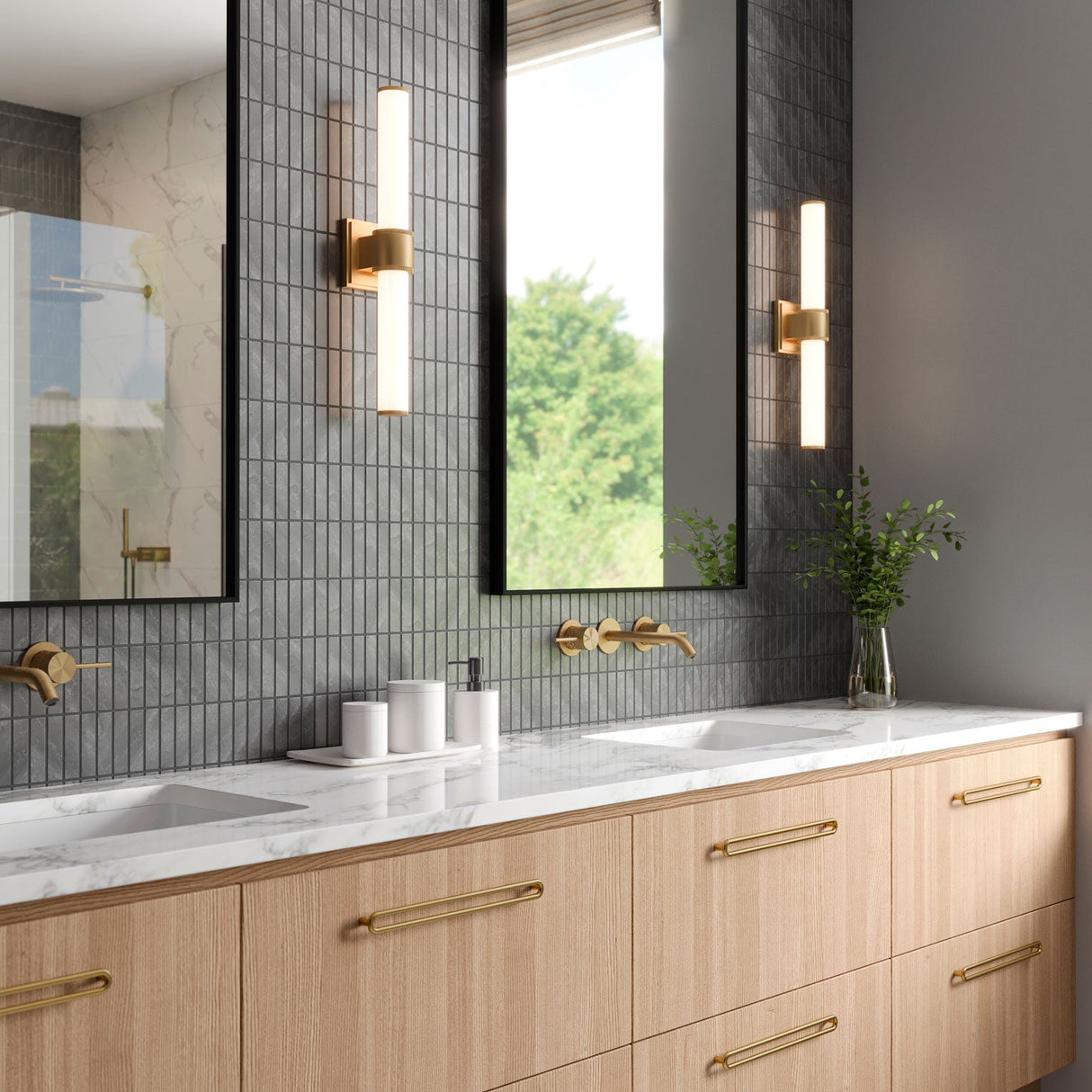 Modern bathroom with wooden vanity, marble countertop, and two Graffin 20" tall vanity wall sconces.
