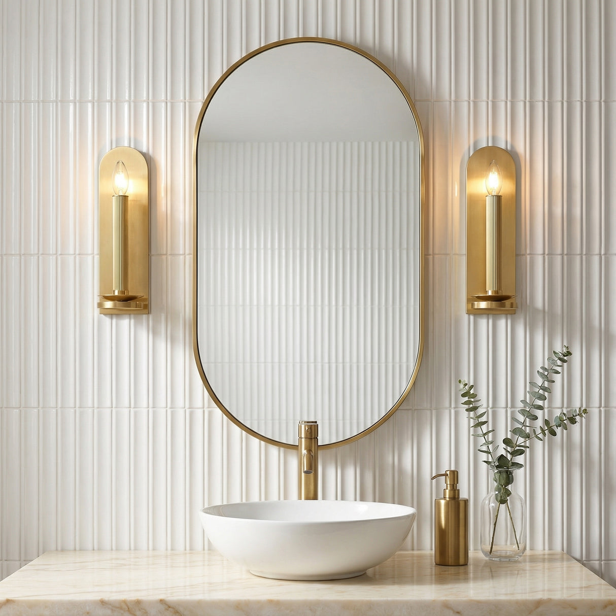Grayson Wall Sconce 14", Aged Brass for Modern home with White vertical fluted tile