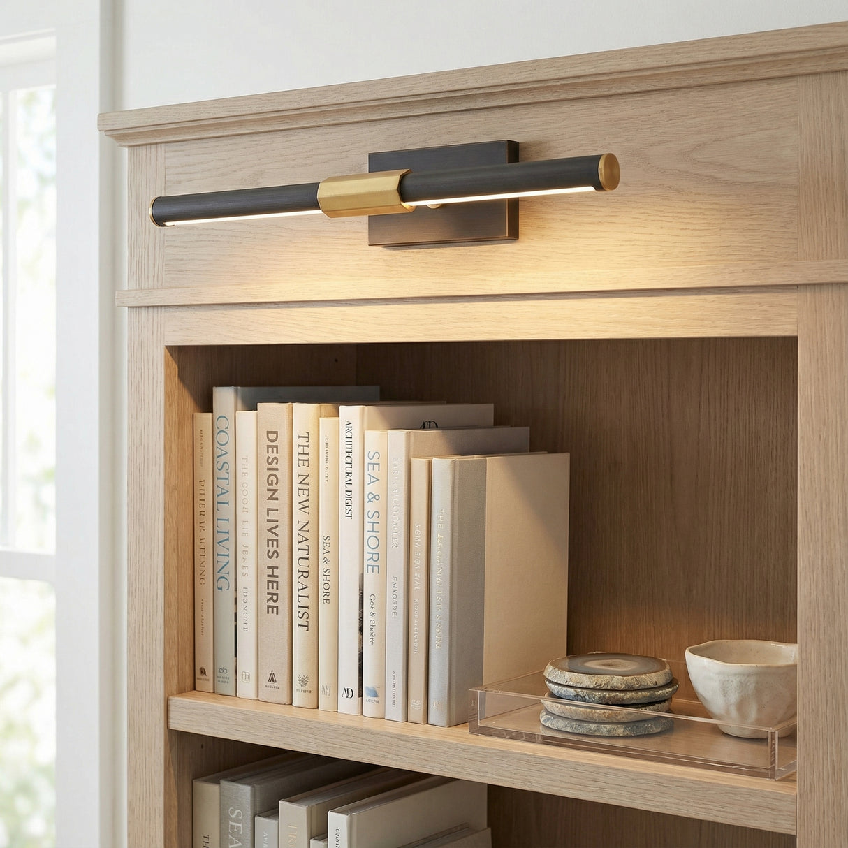 Ethan Medium LED Picture Light for Modern Farmhouse home with Light Wood.