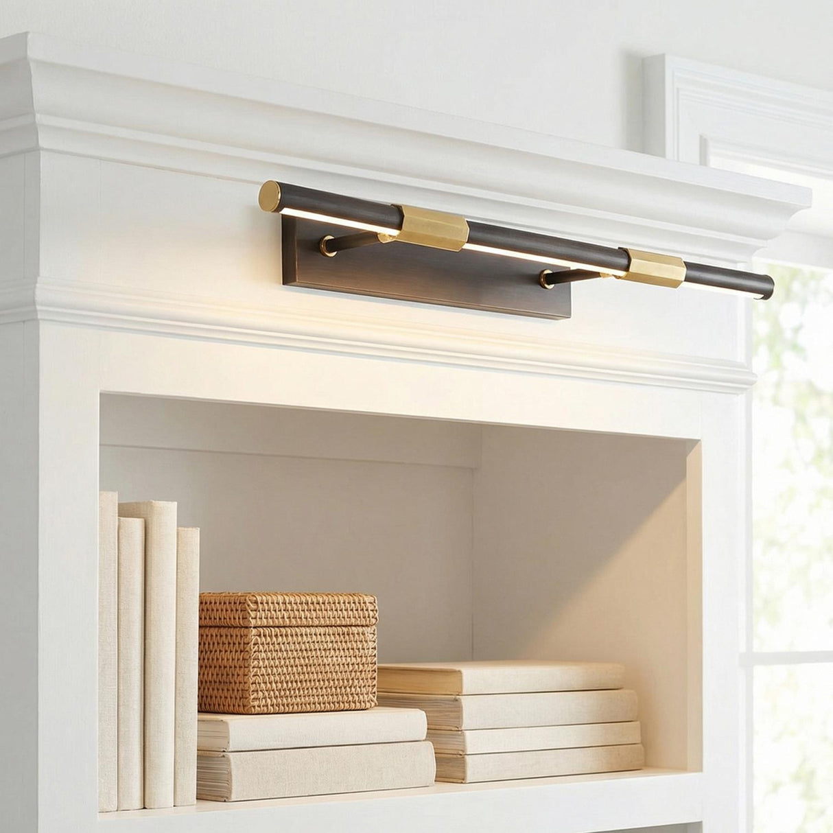 Ethan Large LED Picture Light, Distressed Bronze with Brass Accents linear wall sconce in a Transitional Living Room with white built-in bookshelf.