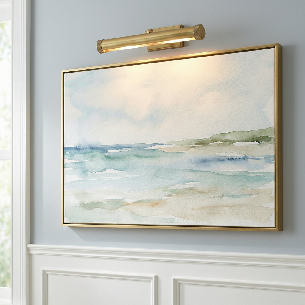 Graham Medium Picture Light, Aged Brass for Coastal home with Light Gray walls