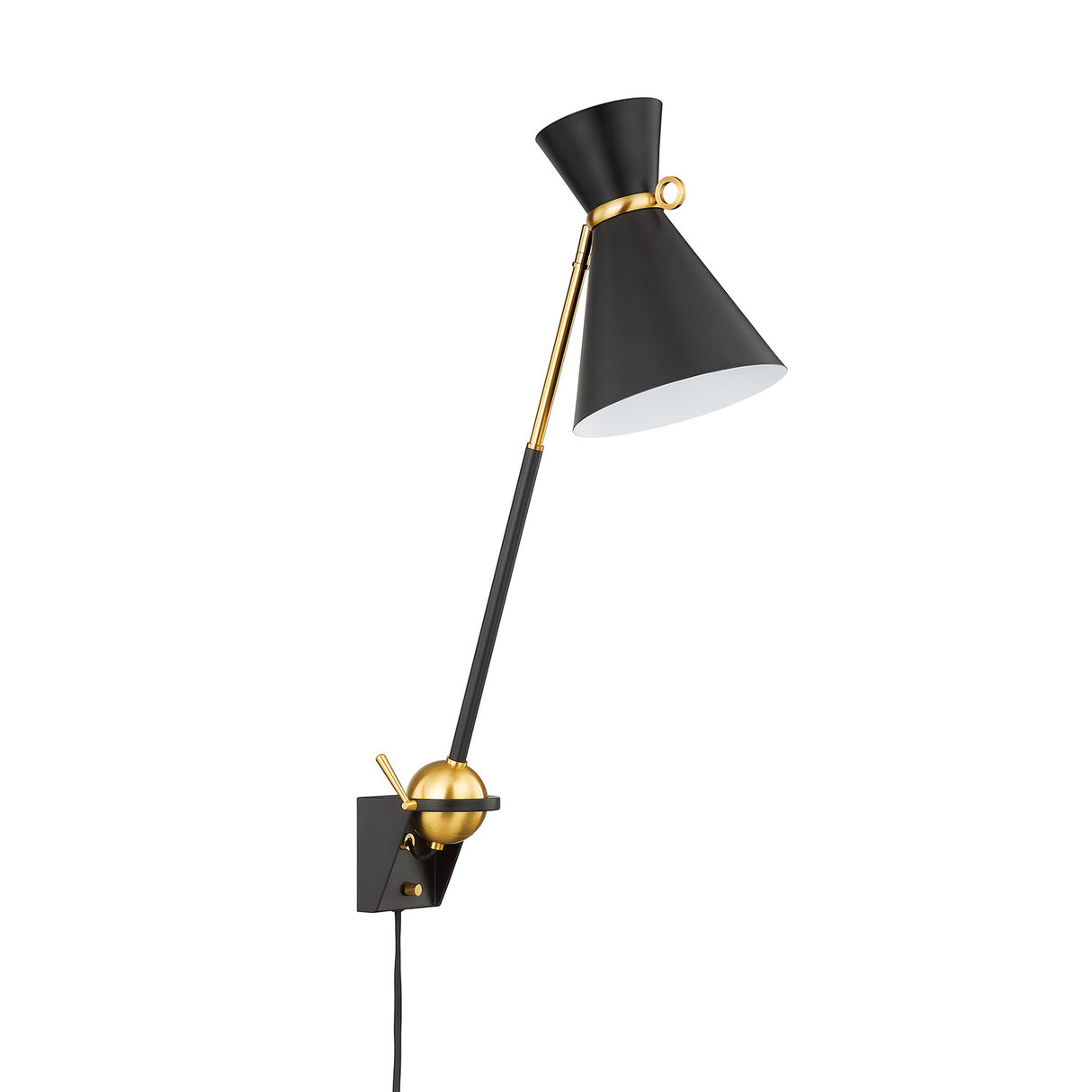 Jerry Adjustable Plug-in Wall Sconce, Black with Brass Accents