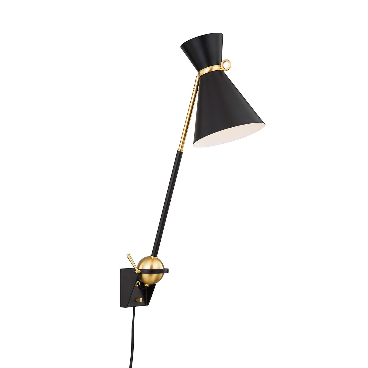 Jerry Adjustable Plug-in Wall Sconce, Black with Brass Accents