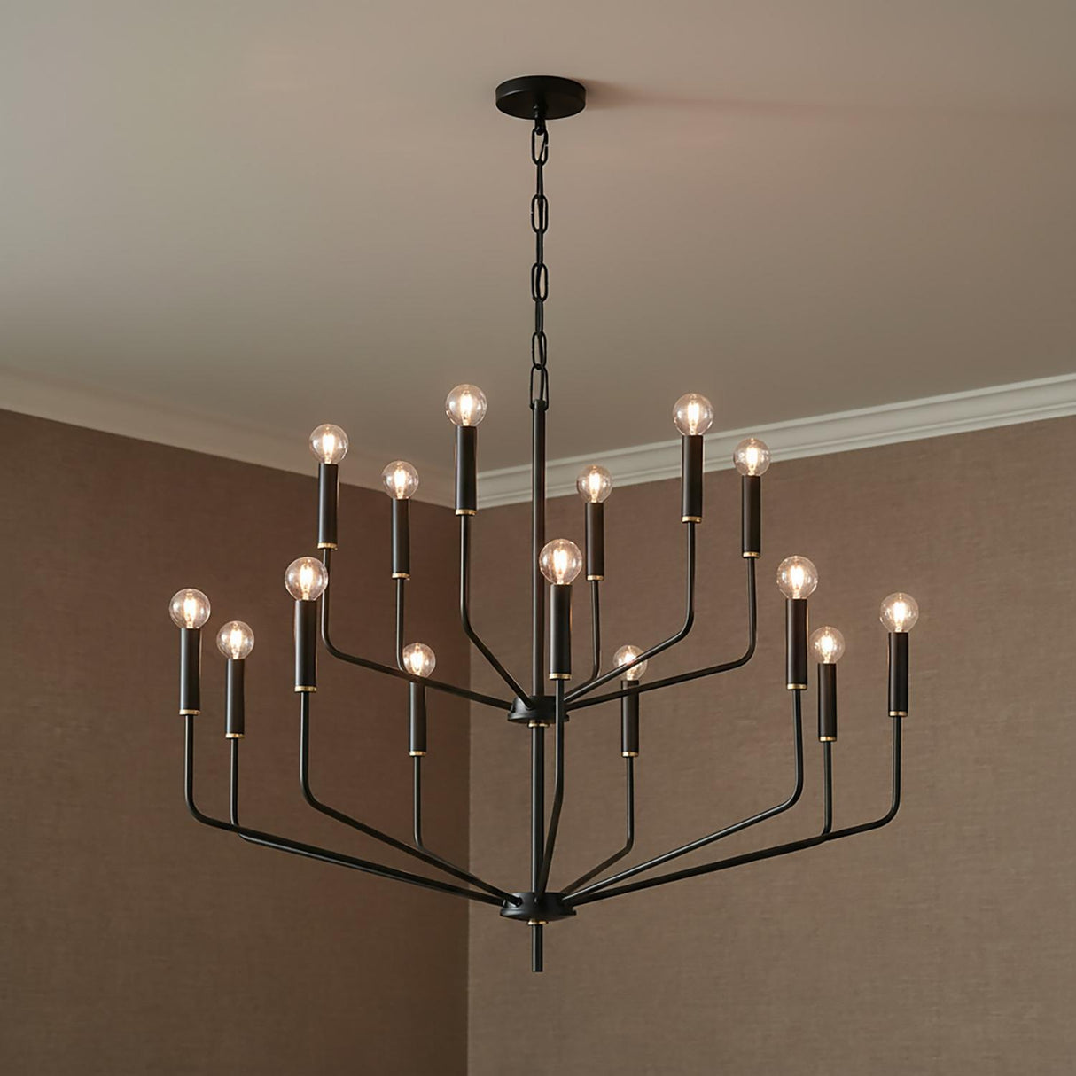 Hollis 15 Light Two-Tier Chandelier 36", Soft Black with Brass Accents