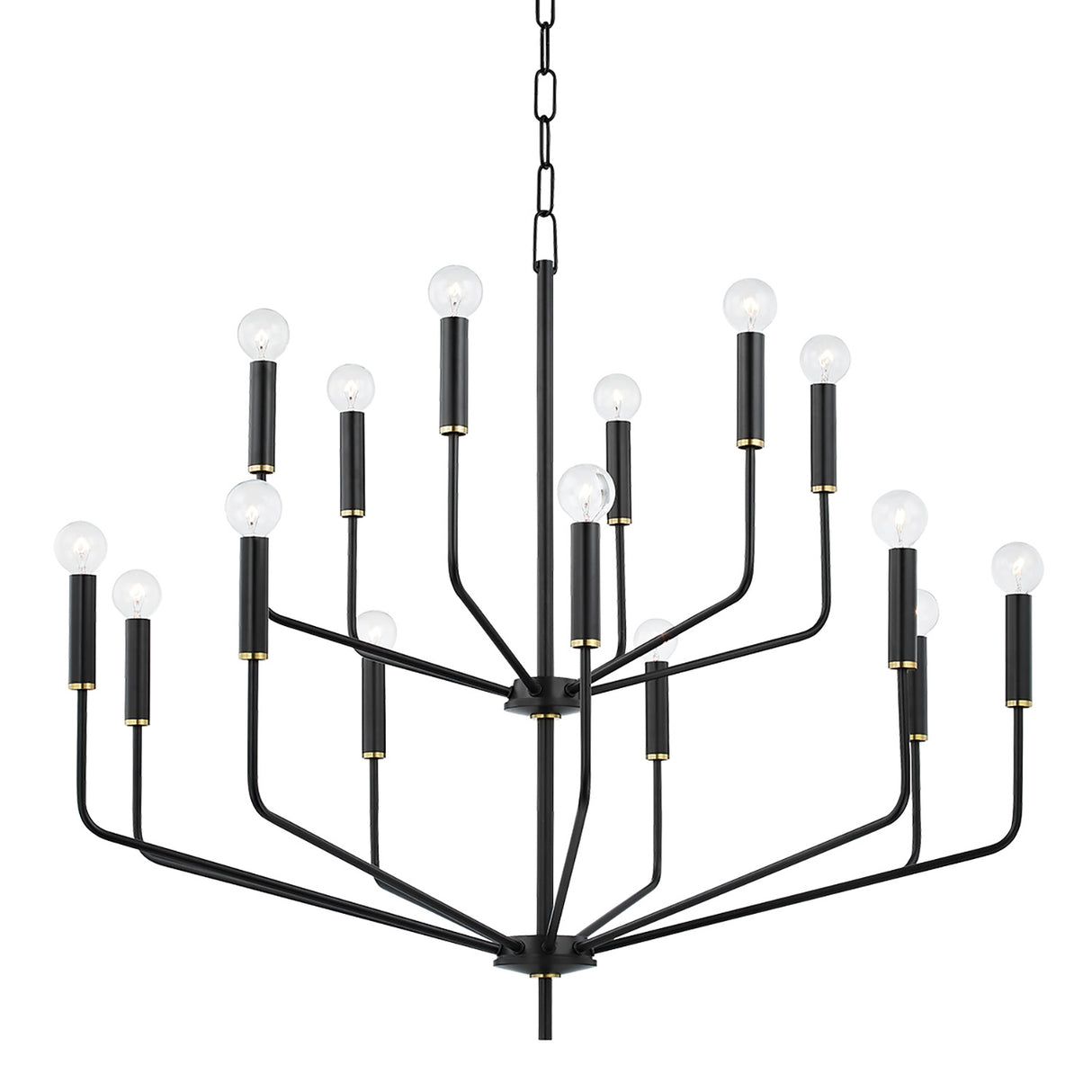 Hollis 15 Light Two-Tier Chandelier 36", Soft Black with Brass Accents