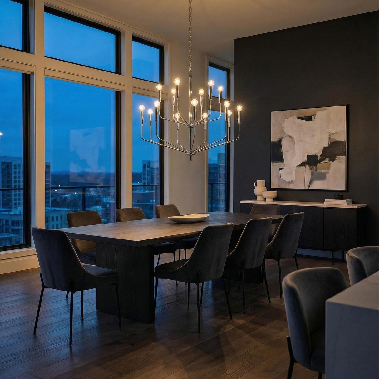 Hollis 15 Light Two-Tier Chandelier 36", Polished Nickel geometric Chandelier in a Contemporary Dining Room with a dark oak table.