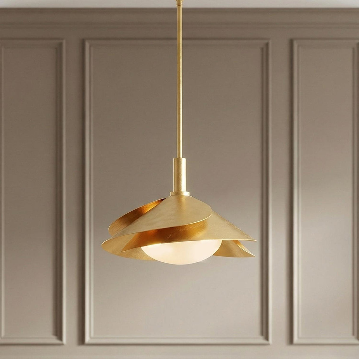 Lola Medium Pendant 15", Gold Leaf with Milk Glass