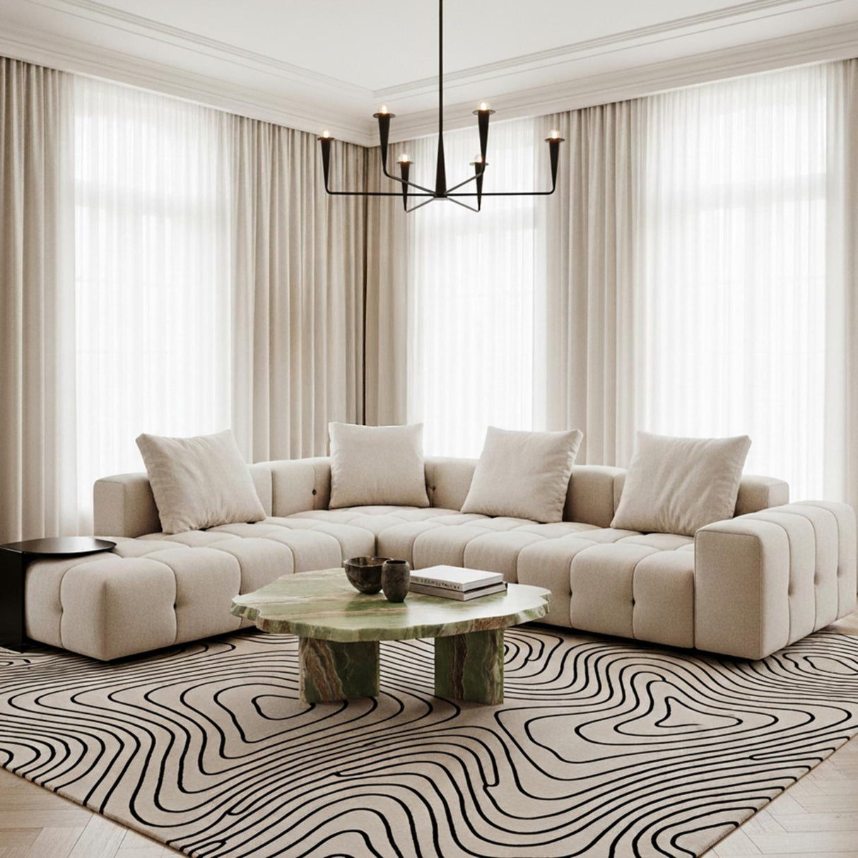 Navie 6 Light Chandelier 40", Matte Black geometric chandelier in a Modern Living Room with a modular beige sofa and abstract rug.