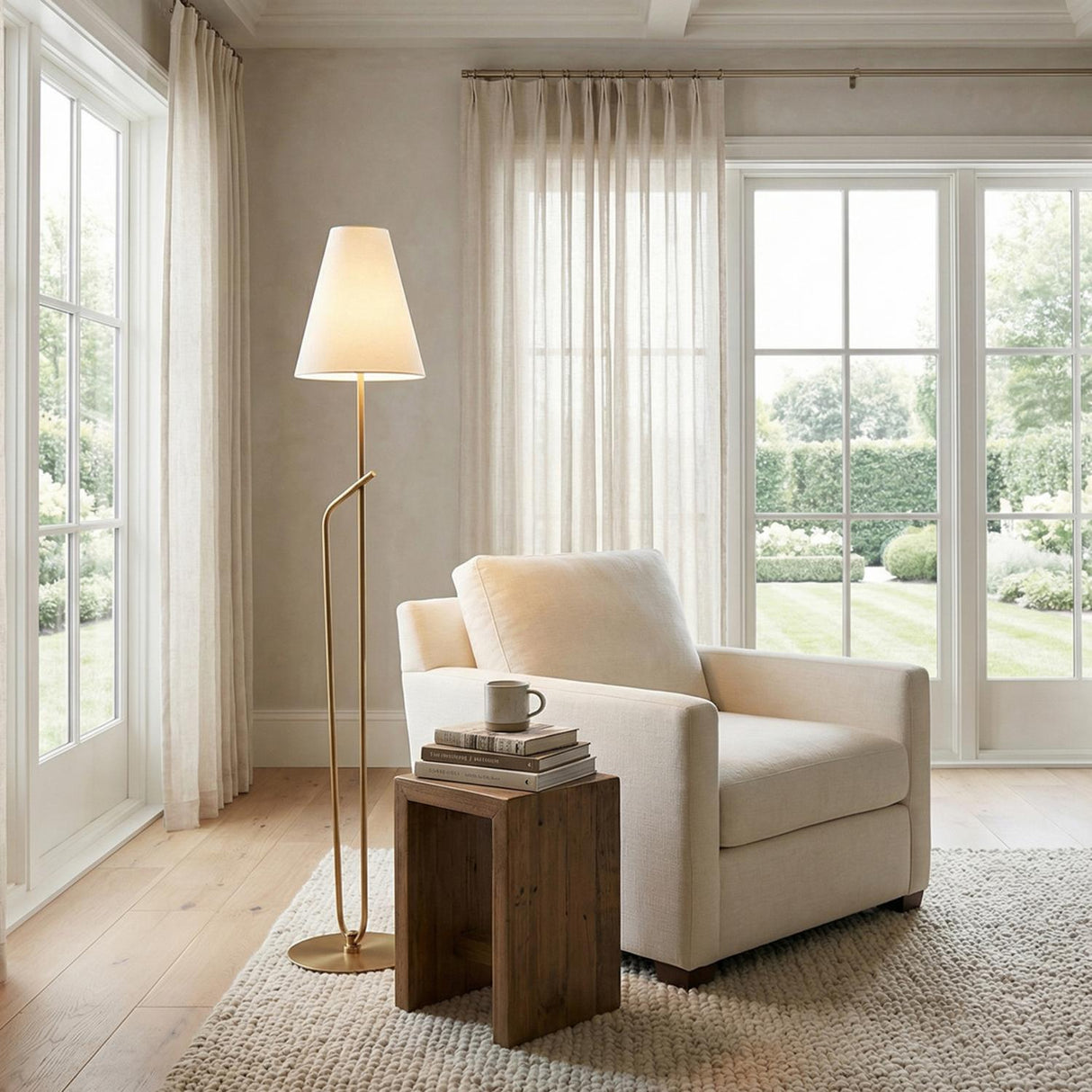 Luke Floor Lamp, Patina Brass for Modern Farmhouse home with Beige Wood