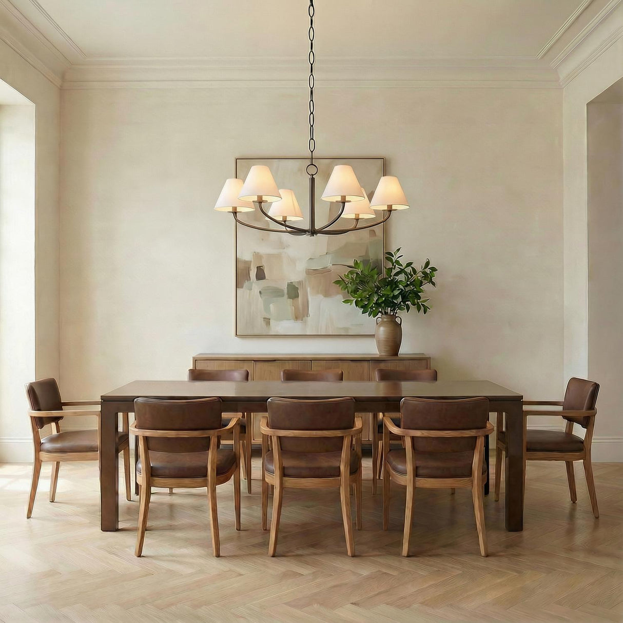 Morgan 6 Light Chandelier 40", Bronze geometric Chandelier in a Transitional Dining Room with a dark oak table and leather chairs.