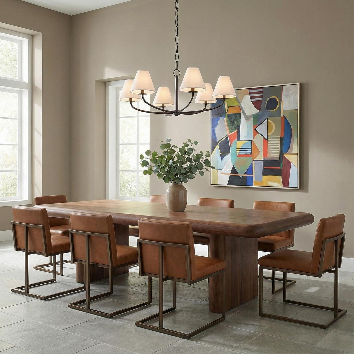 Morgan 6 Light Chandelier 40", Old Bronze geometric Chandelier in a Contemporary Dining Room with a wood table and leather chairs.