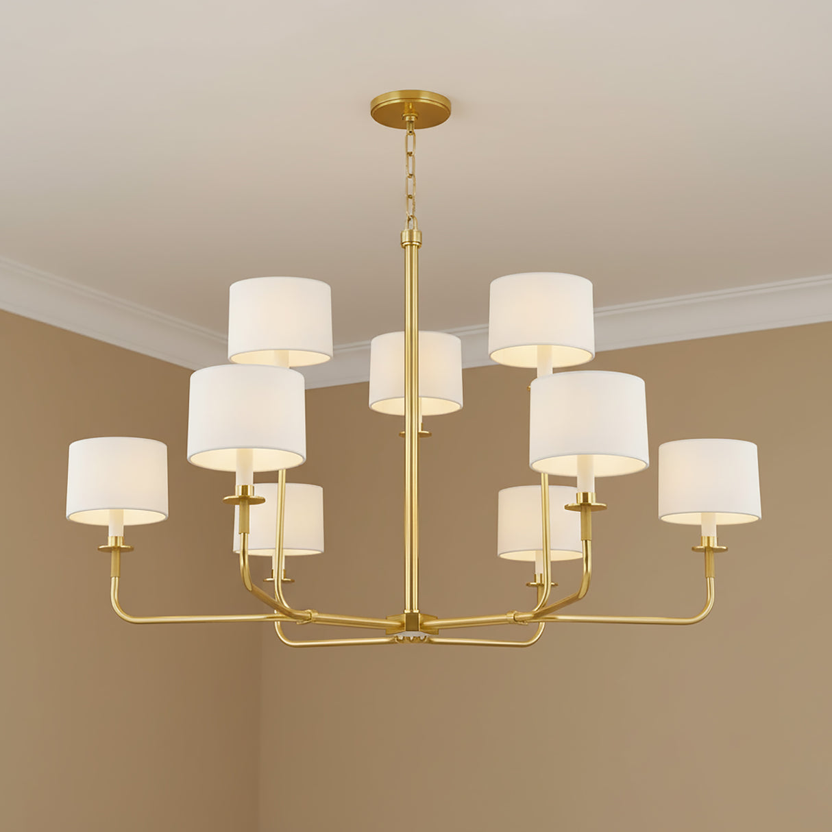 Marlowe 9 Light Chandelier 43", Aged Brass for Modern home with Beige walls