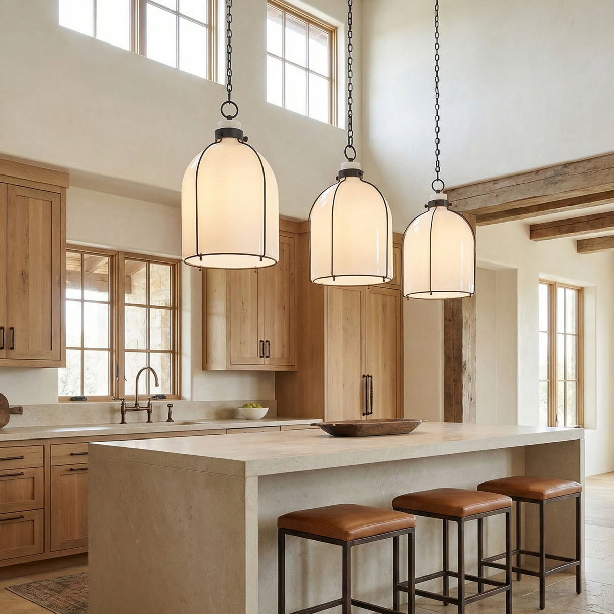 Lana Pendant 14", Old Bronze and Opal Glass geometric pendant in a Modern Farmhouse Kitchen with a stone island and wood cabinets.