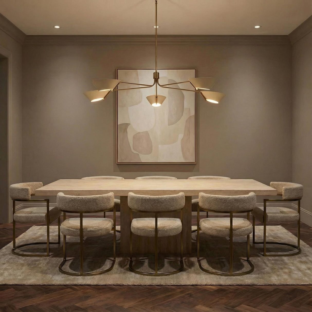 York 5 Light Chandelier 63", Patina Brass and Soft Sand