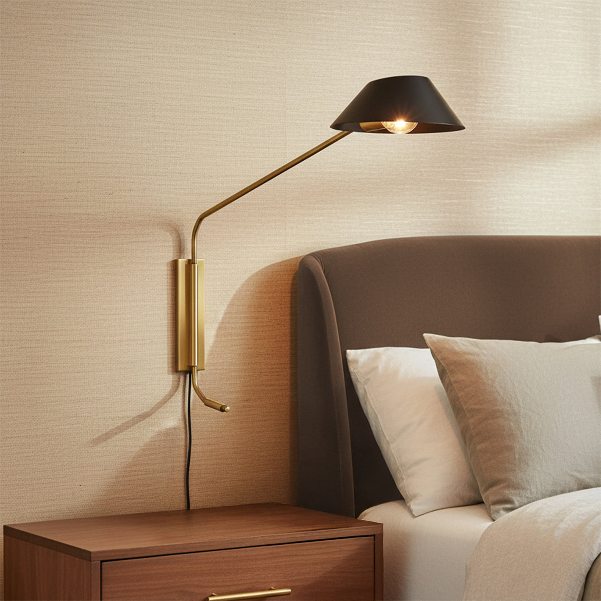 York Plug-in Wall Sconce, Patina Brass with Soft Black for Modern home with Textured Wallpaper