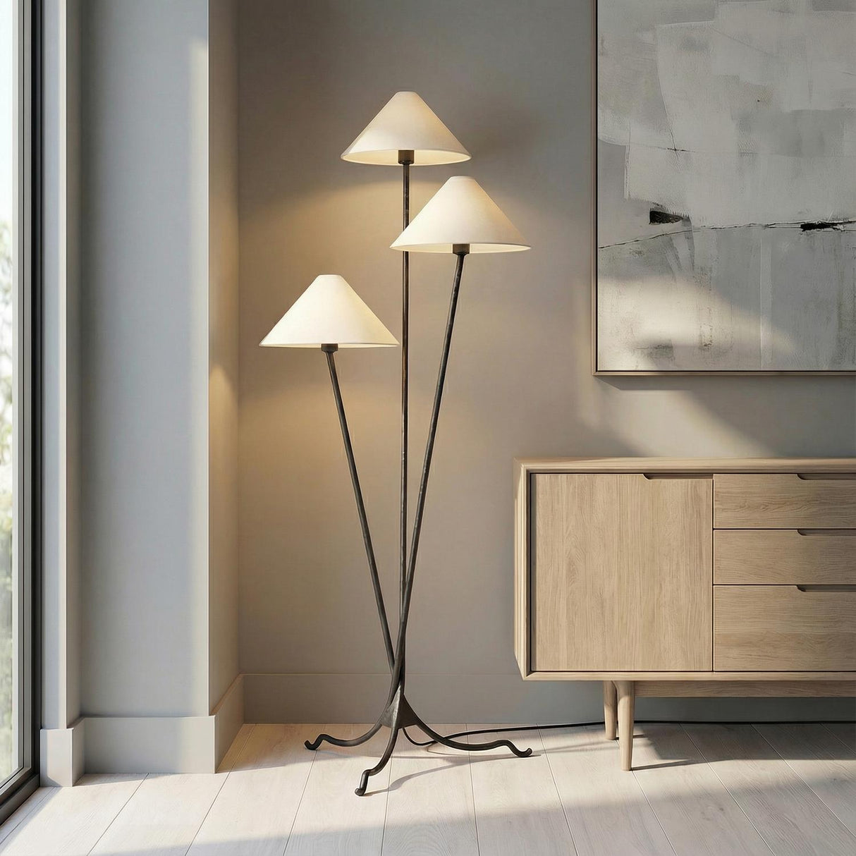 Forge Triple Floor Lamp, Forged Iron linear Floor Lamp in a Contemporary Living Room with a light wood sideboard.