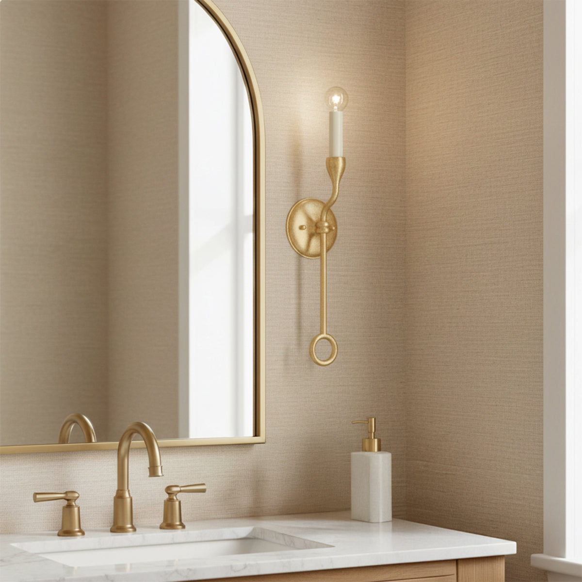 Adalyn Wall Sconce 21" in powder room with arched mirror and beige grasscloth wallpaper