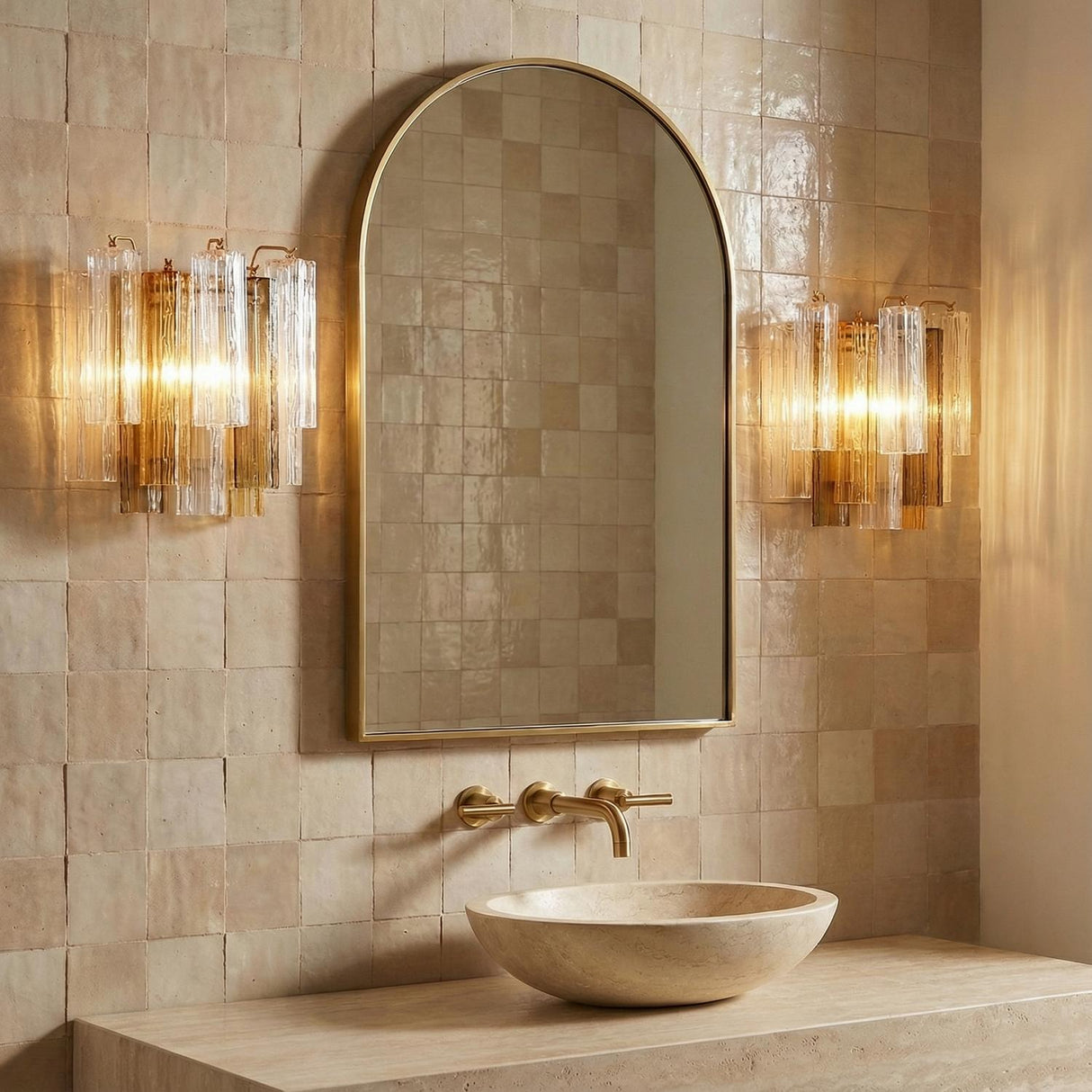 Aura Wall Sconce, Brass with clear linear glass Wall Sconce in a Modern Bathroom with a gold arched mirror and stone vessel sink.