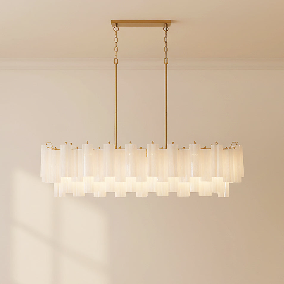 Grace Linear Chandelier 52", Brass with White Glass for Modern home with Warm Beige Walls