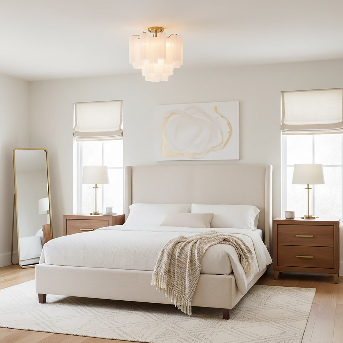 Grace Semi-Flush 18, Brass with White Glass - A semi-flush ceiling light fixture in a neutral-toned bedroom