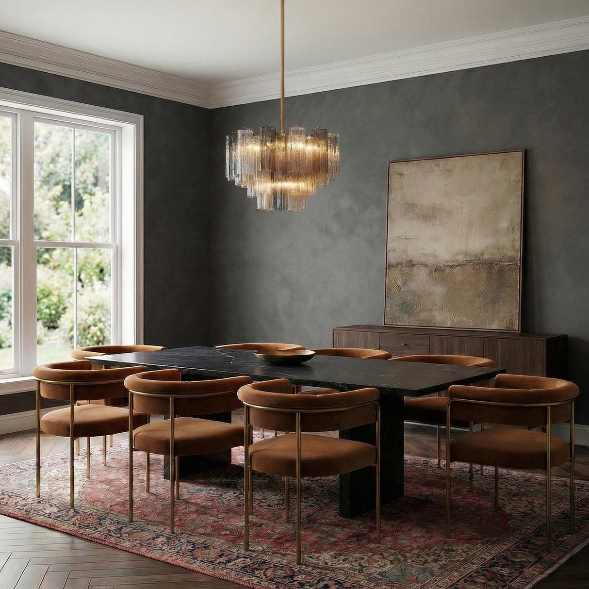 Grace 9 Light Chandelier 22", Brass with Gilded Fog Glass geometric Chandelier in a Contemporary Dining Room with a black marble table.