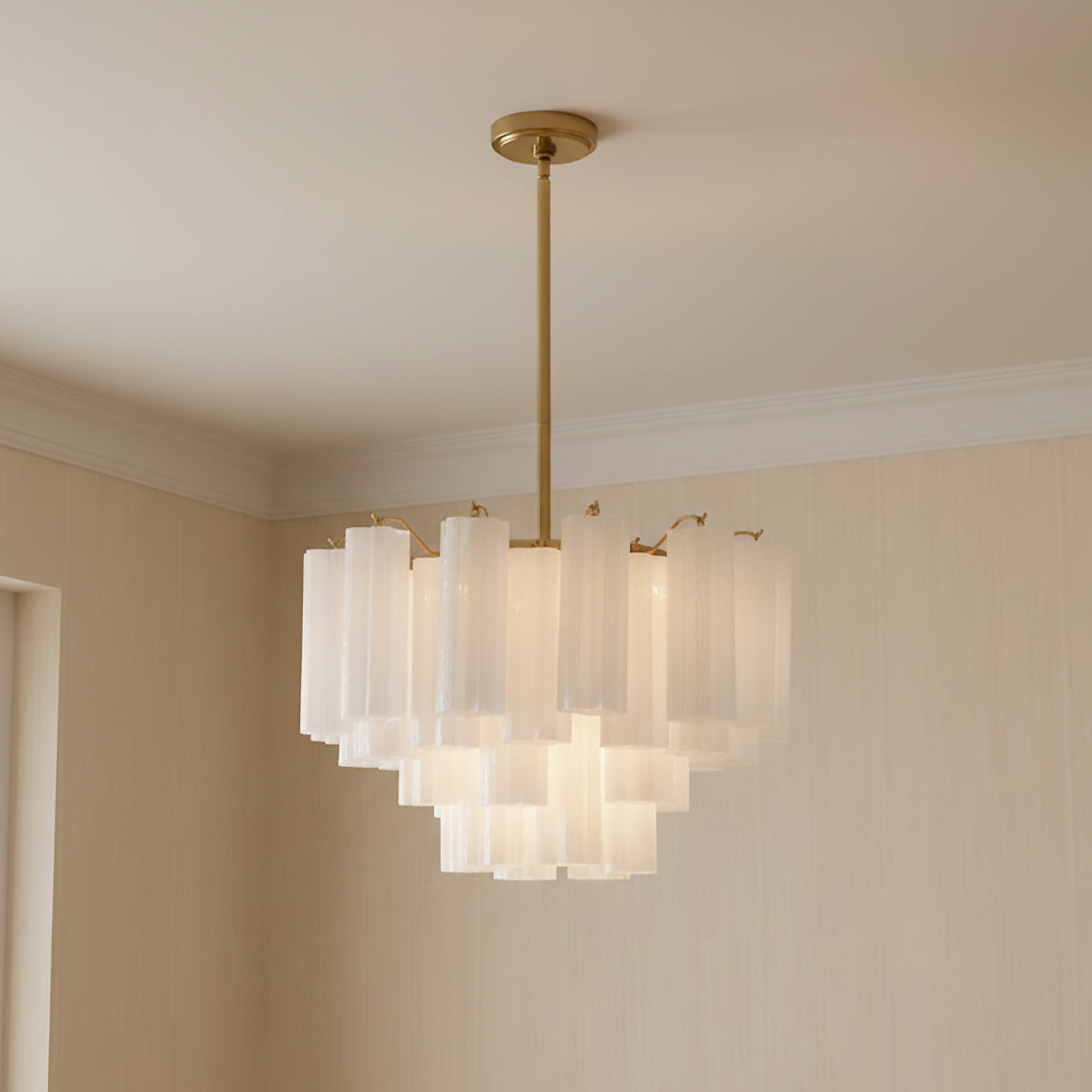 Grace 9 Light Chandelier 22", Brass with White Glass for Modern home with Beige Textured Walls