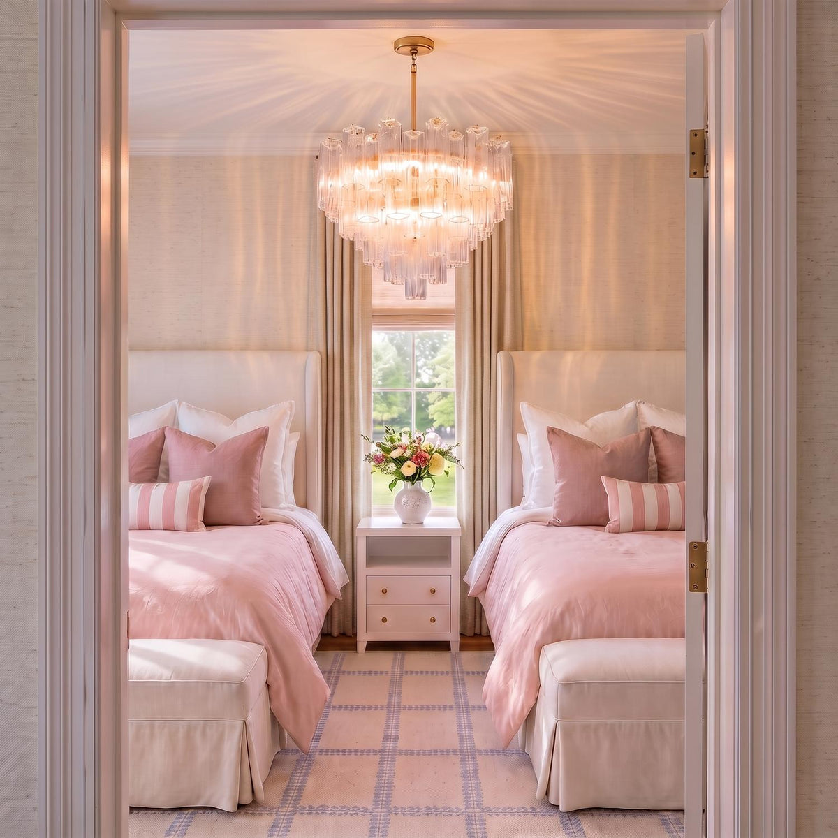 A transitional bedroom featuring the Grace 12 Light Chandelier 27", Brass with Clear Glass suspended above twin beds styled with soft pink bedding and upholstered headboards.