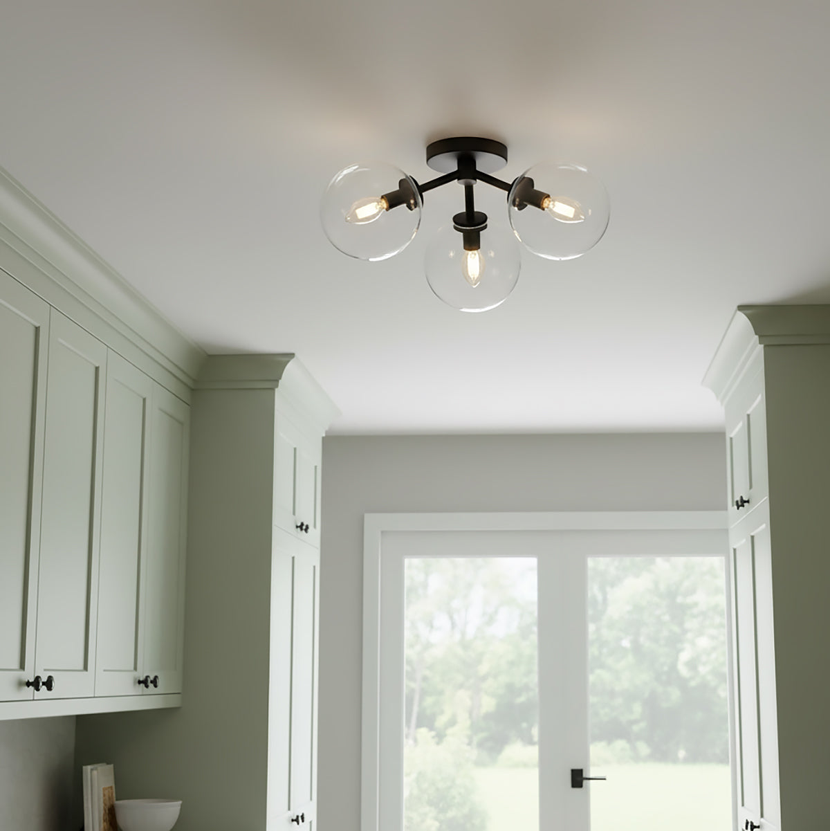 Gurt 3 Light Semi-Flush 18, Matte Black - A kitchen scene with a matte black semi-flush mount light fixture.