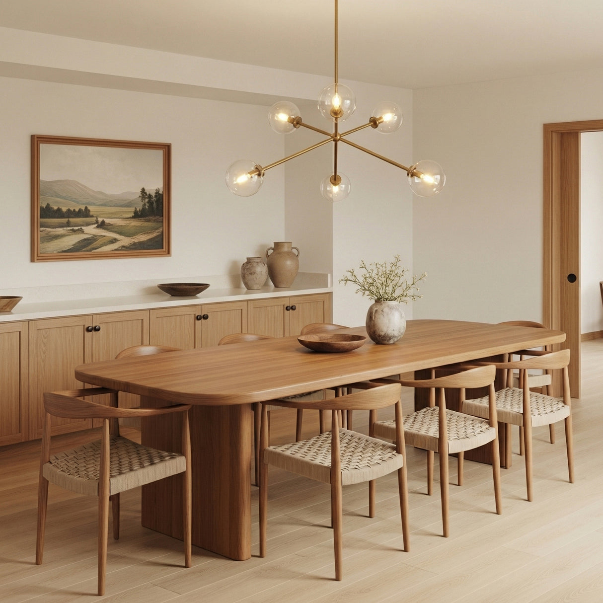 Gurt 6 Light Chandelier 40", Aged Brass geometric chandelier in a Modern Dining Room with a light wood dining table.