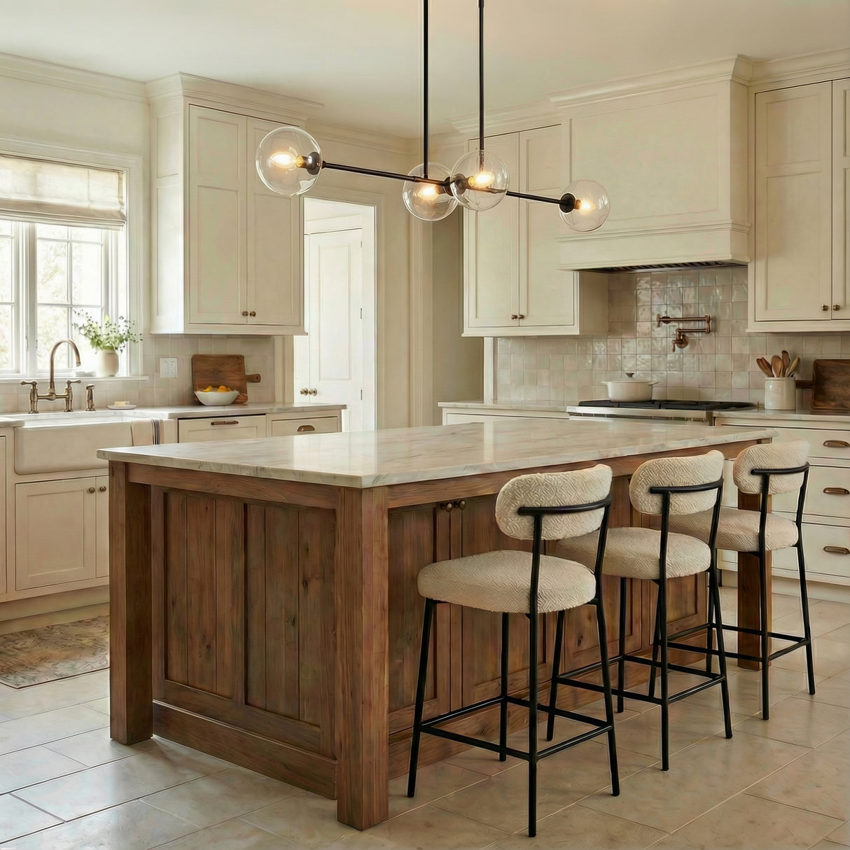 Matte Black globe pendant in a Transitional Kitchen with a wooden island and white marble countertop.