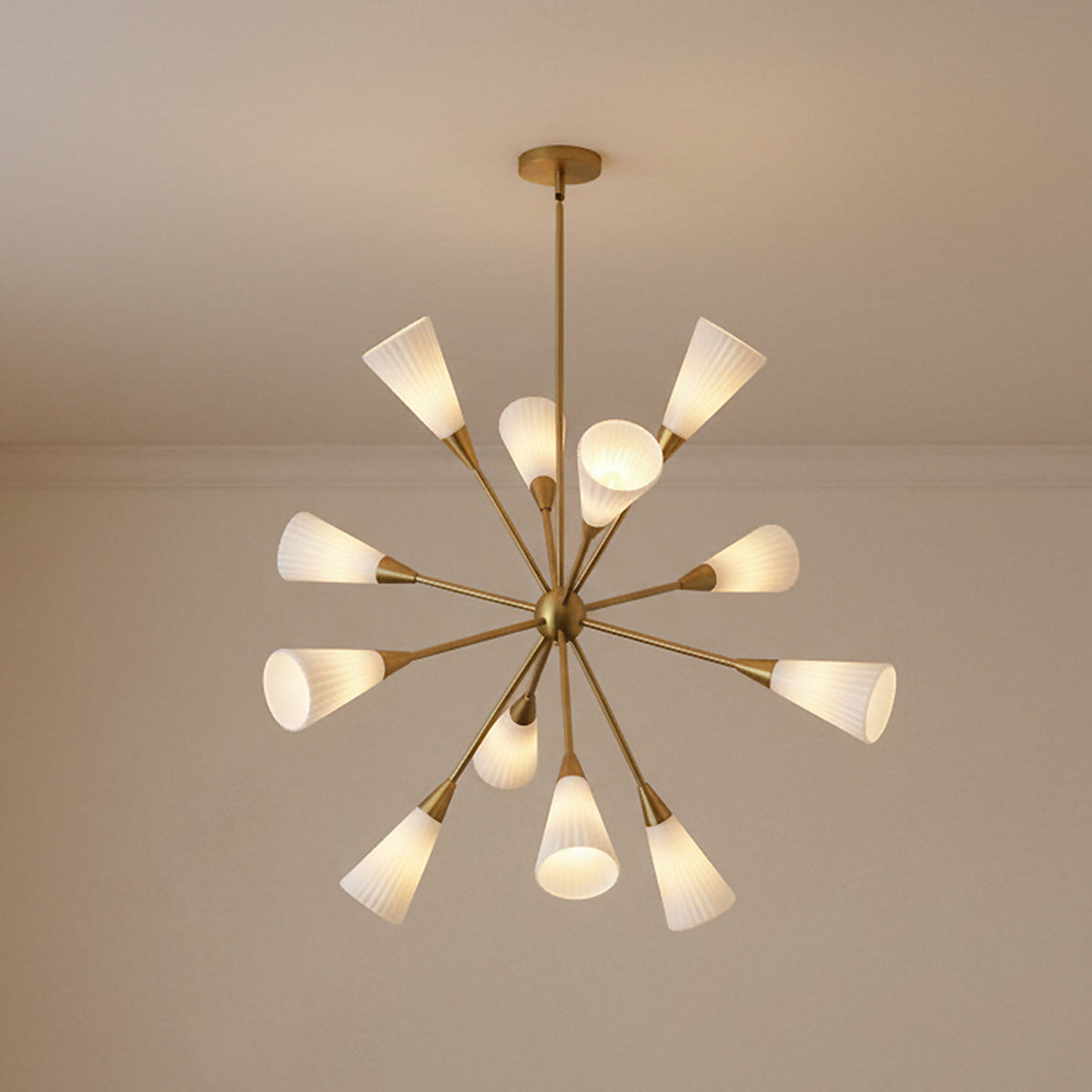 Aurora Chandelier 39, Brushed Brass and Ribbed Opal Glass for Modern home with Warm Beige walls
