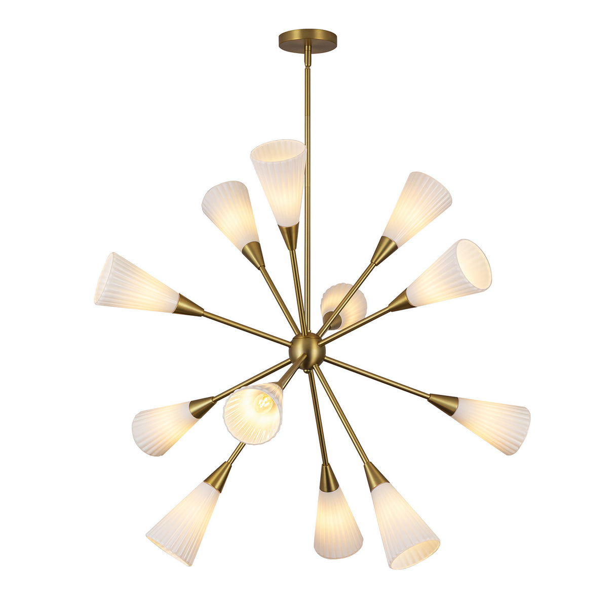 Aurora Chandelier 39", Brushed Brass and Ribbed Opal Glass