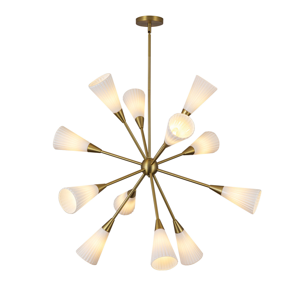 Aurora Chandelier 39", Brushed Brass and Ribbed Opal Glass
