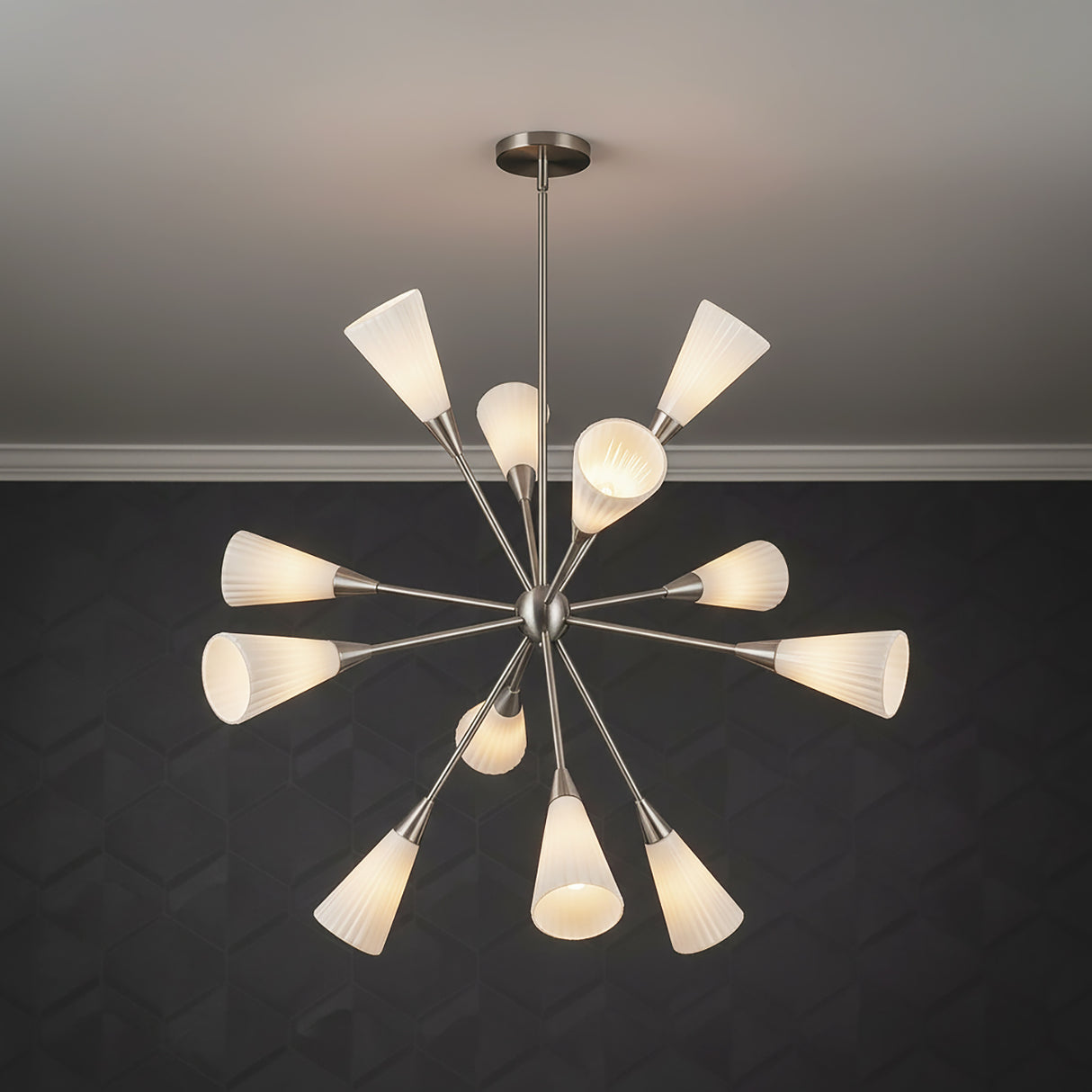 Aurora Chandelier 39, Brushed Nickel and Ribbed Opal Glass for Modern home with Dark Gray textured wall