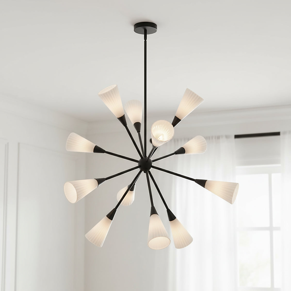 Aurora Chandelier 39, Matte Black and Ribbed Opal Glass for Modern home with White Walls