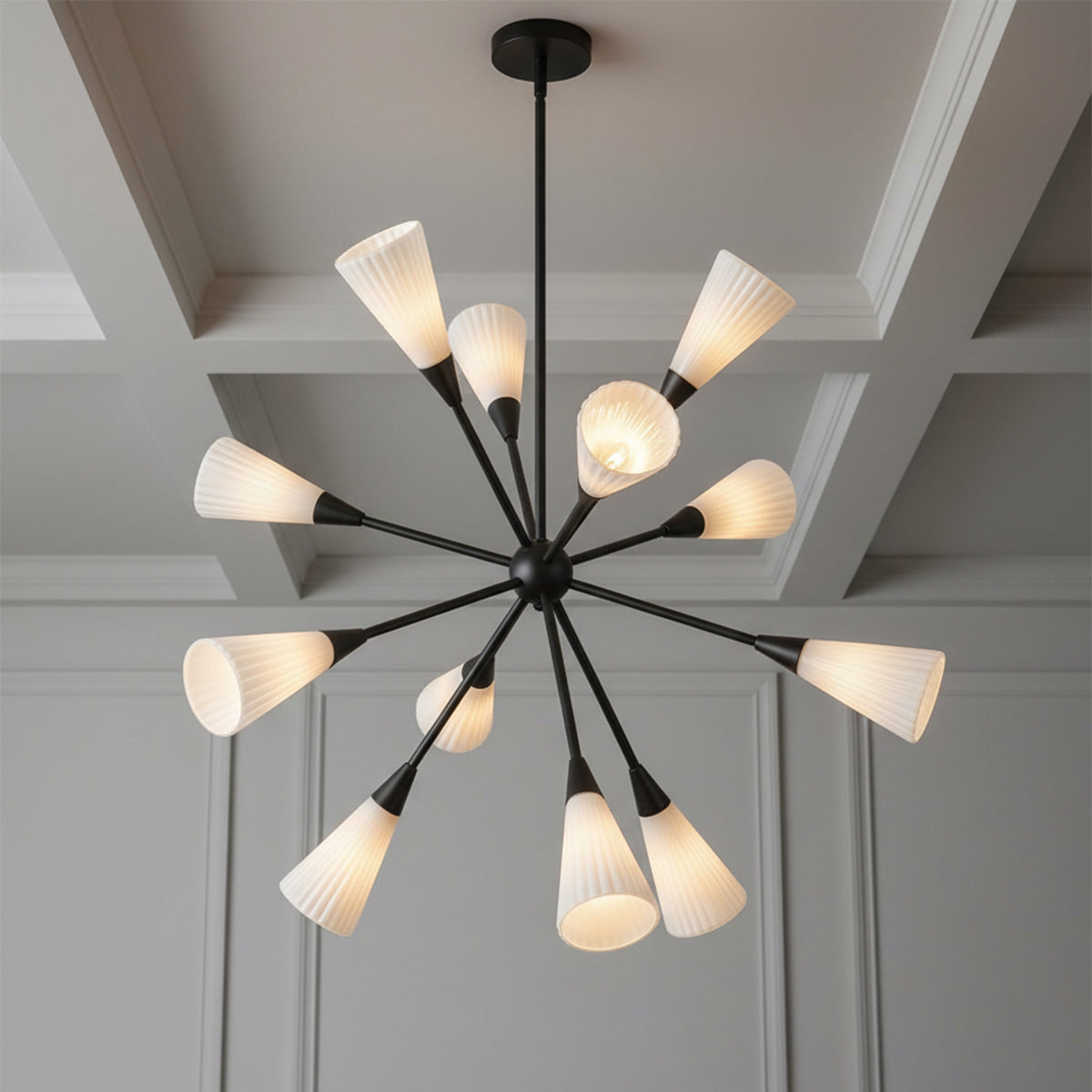 Aurora Chandelier 39, Matte Black and Ribbed Opal Glass for Modern home with Gray Walls