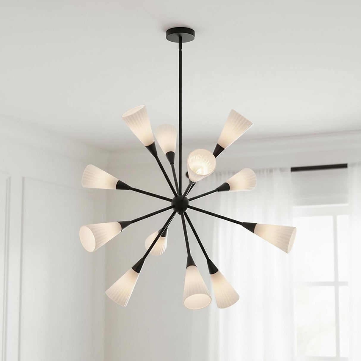 Aurora Chandelier 39", Matte Black and Ribbed Opal Glass
