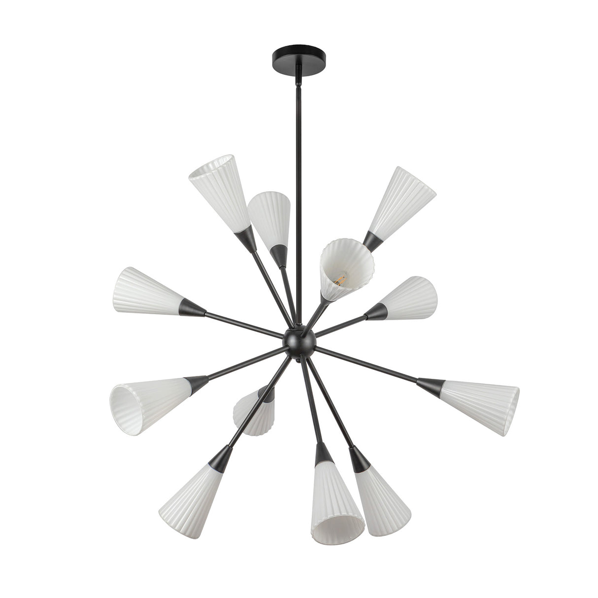 Aurora Chandelier 39", Matte Black and Ribbed Opal Glass